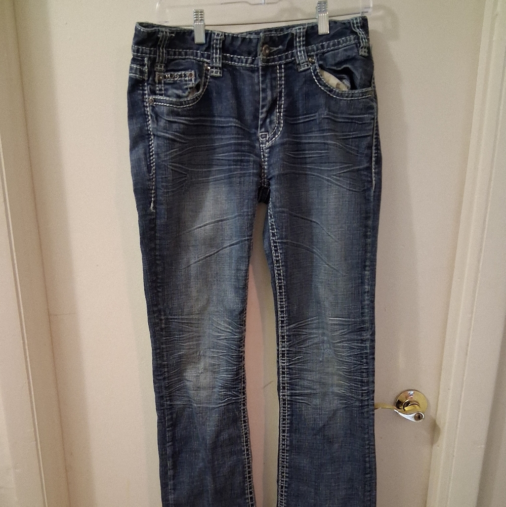 Rock & Roll Cowgirl Boot Cut Jeans in Distressed Dark Blue Wash